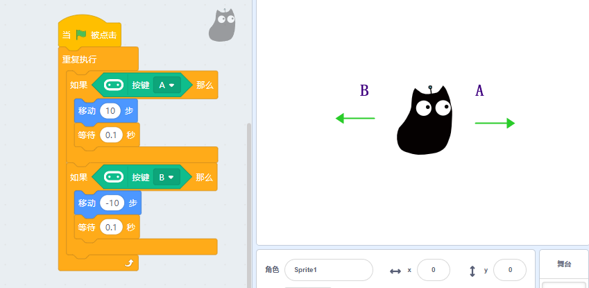 点击程序积木 - 使用按键A和B分别控制舞台小猫右移和左移